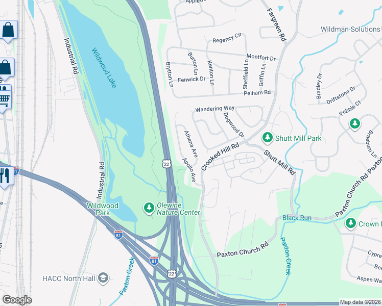 map of restaurants, bars, coffee shops, grocery stores, and more near 3512 Athena Avenue in Harrisburg