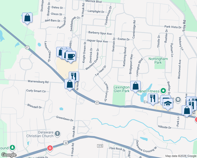 map of restaurants, bars, coffee shops, grocery stores, and more near 154 Tar Heel Drive in Delaware