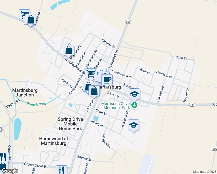 map of restaurants, bars, coffee shops, grocery stores, and more near in Martinsburg