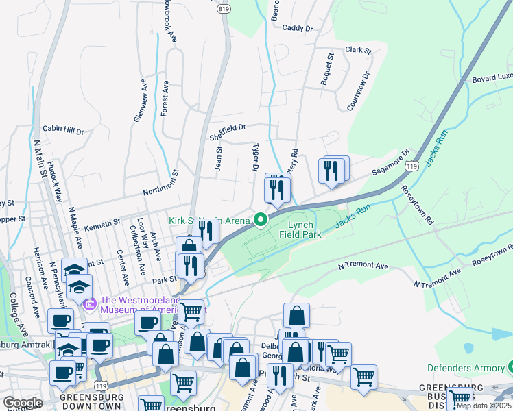 map of restaurants, bars, coffee shops, grocery stores, and more near 443 Fox Hill St in Greensburg
