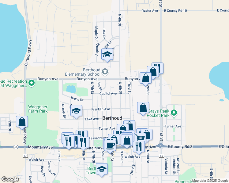 map of restaurants, bars, coffee shops, grocery stores, and more near 480 Capitol Avenue in Berthoud