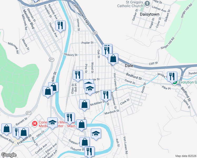 map of restaurants, bars, coffee shops, grocery stores, and more near 599 Oak St in Johnstown