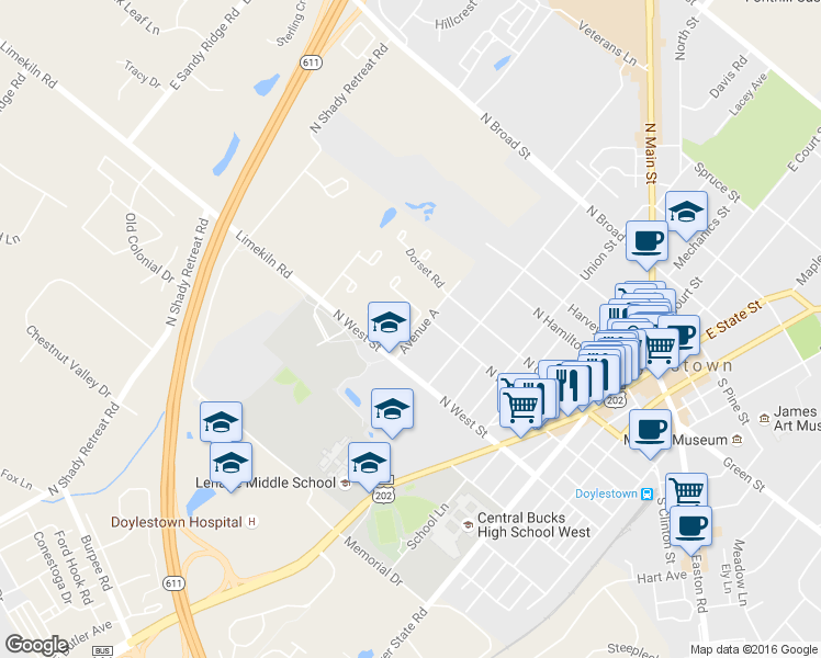 map of restaurants, bars, coffee shops, grocery stores, and more near 117 Westbury Court in Doylestown