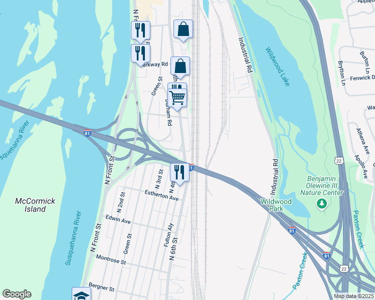 map of restaurants, bars, coffee shops, grocery stores, and more near 3837 North 6th Street in Harrisburg