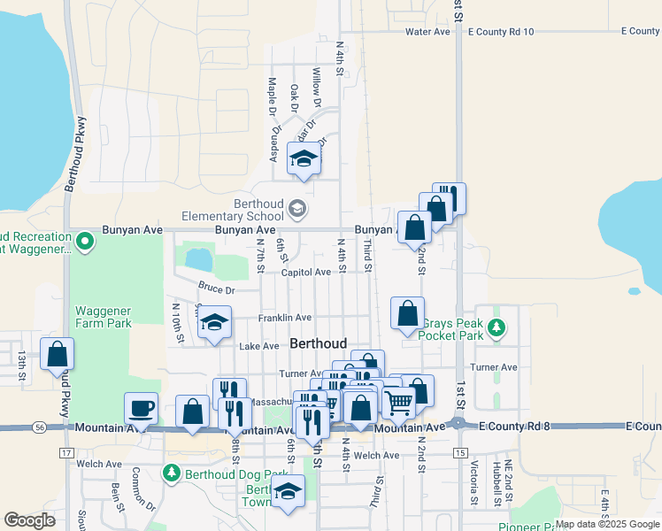 map of restaurants, bars, coffee shops, grocery stores, and more near 480 Capitol Avenue in Berthoud