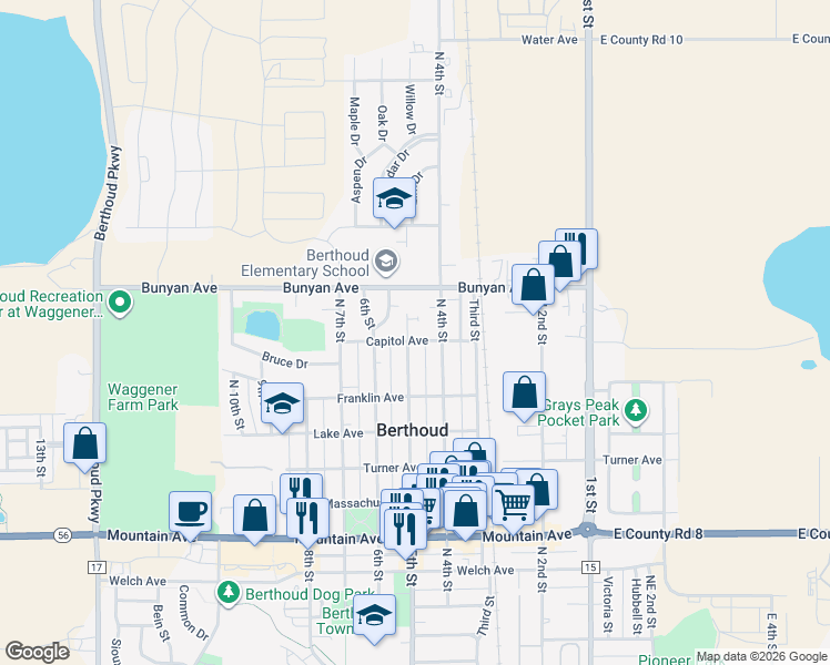 map of restaurants, bars, coffee shops, grocery stores, and more near 480 Capitol Avenue in Berthoud