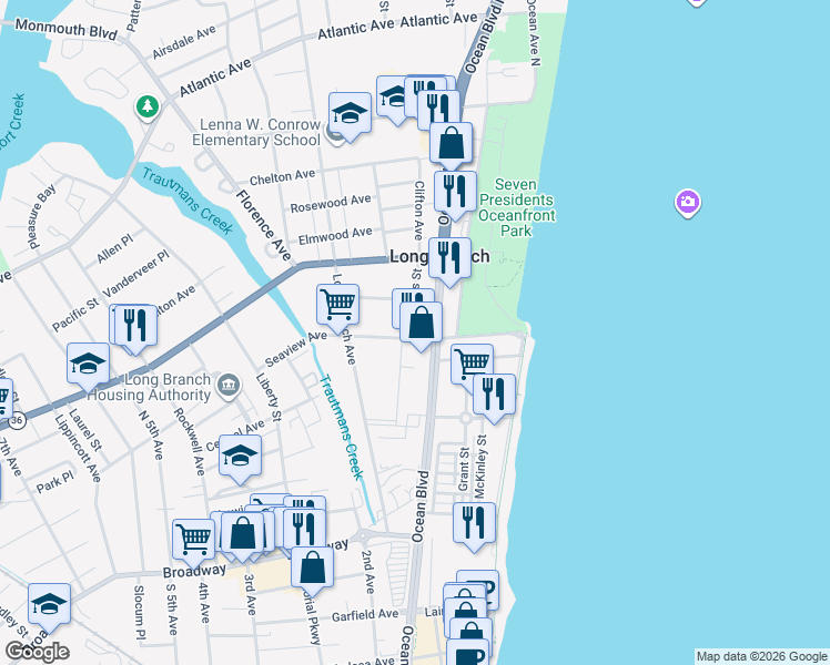 map of restaurants, bars, coffee shops, grocery stores, and more near 167 Witmer Place in Long Branch