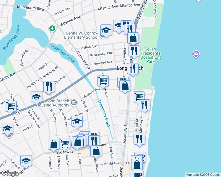map of restaurants, bars, coffee shops, grocery stores, and more near 136 Seaview Avenue in Long Branch