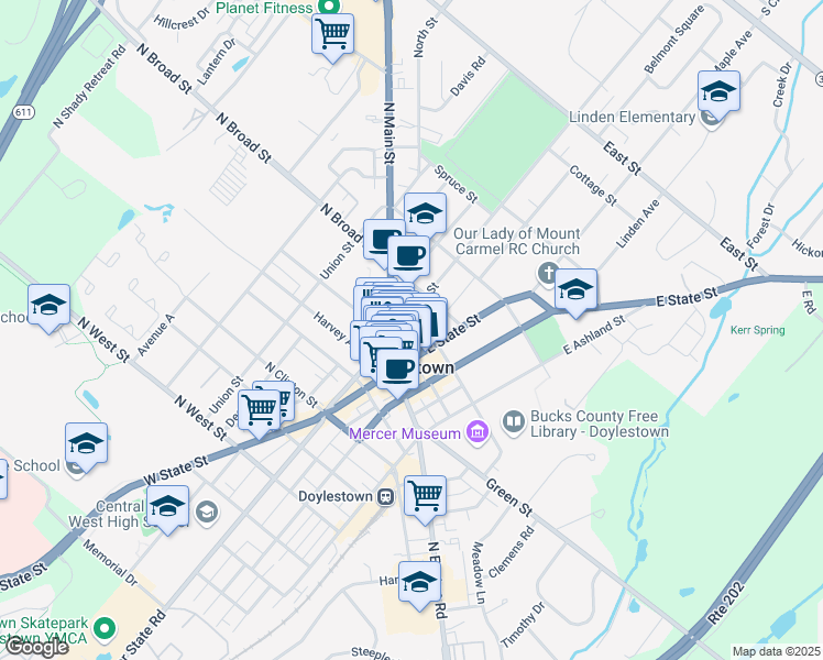 map of restaurants, bars, coffee shops, grocery stores, and more near 8 East Court Street in Doylestown