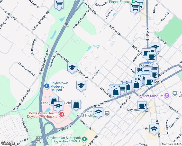 map of restaurants, bars, coffee shops, grocery stores, and more near 106 Westbury Court in Doylestown