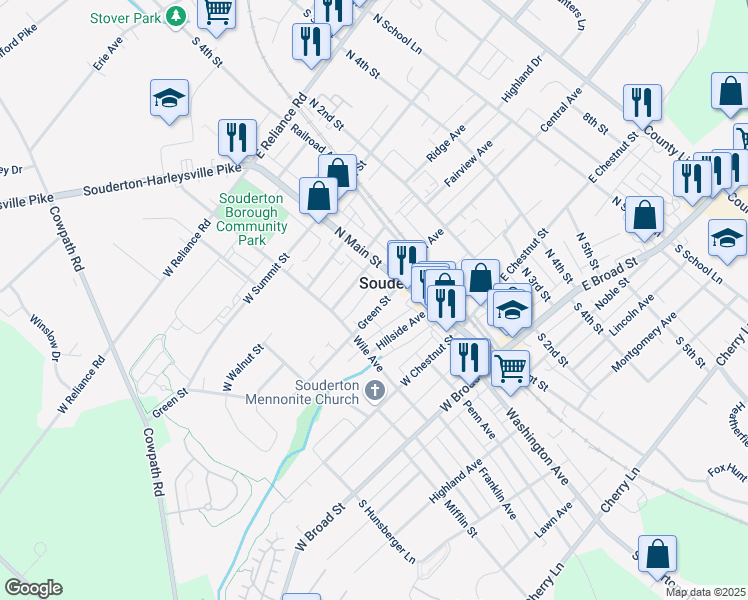 map of restaurants, bars, coffee shops, grocery stores, and more near 27 Green Street in Souderton