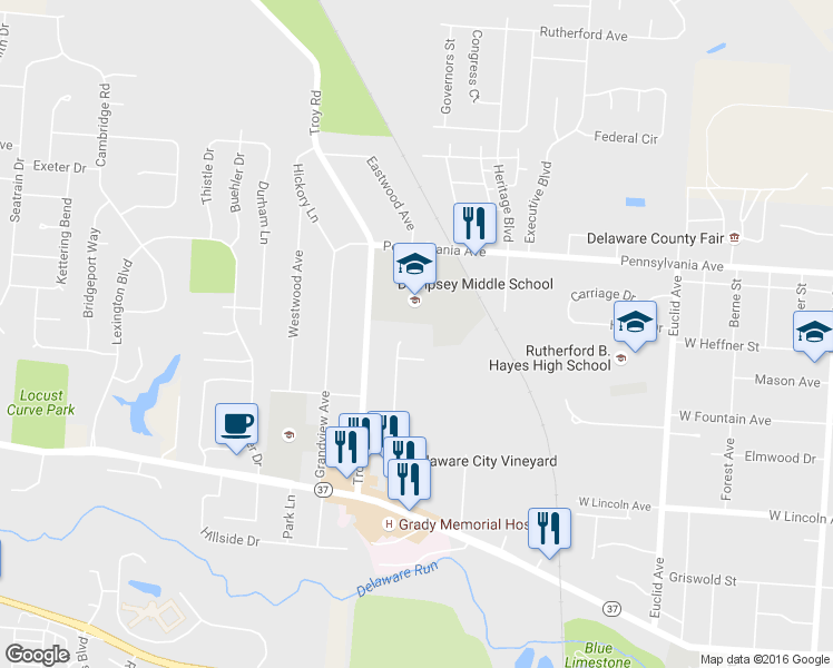 map of restaurants, bars, coffee shops, grocery stores, and more near 196 Georgetown Drive in Delaware