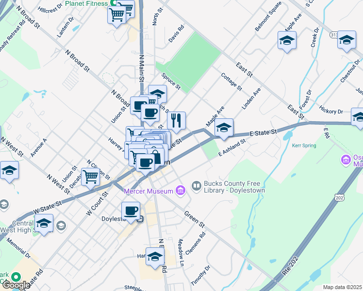 map of restaurants, bars, coffee shops, grocery stores, and more near 112 East State Street in Doylestown