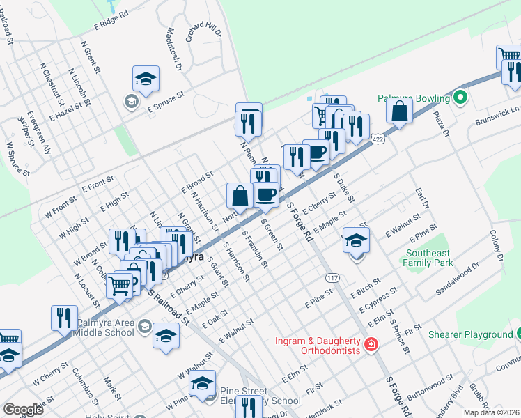 map of restaurants, bars, coffee shops, grocery stores, and more near 603 East Main Street in Palmyra