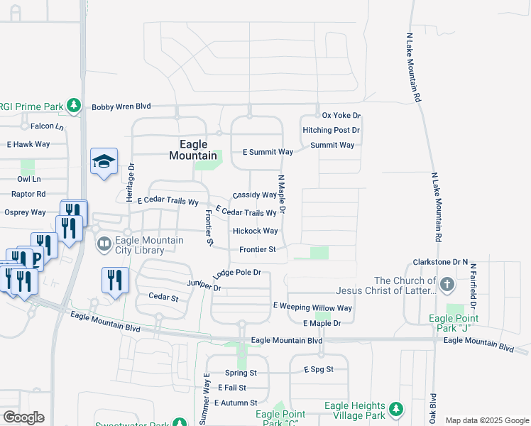 map of restaurants, bars, coffee shops, grocery stores, and more near 2151 East Cedar Trails Way in Eagle Mountain