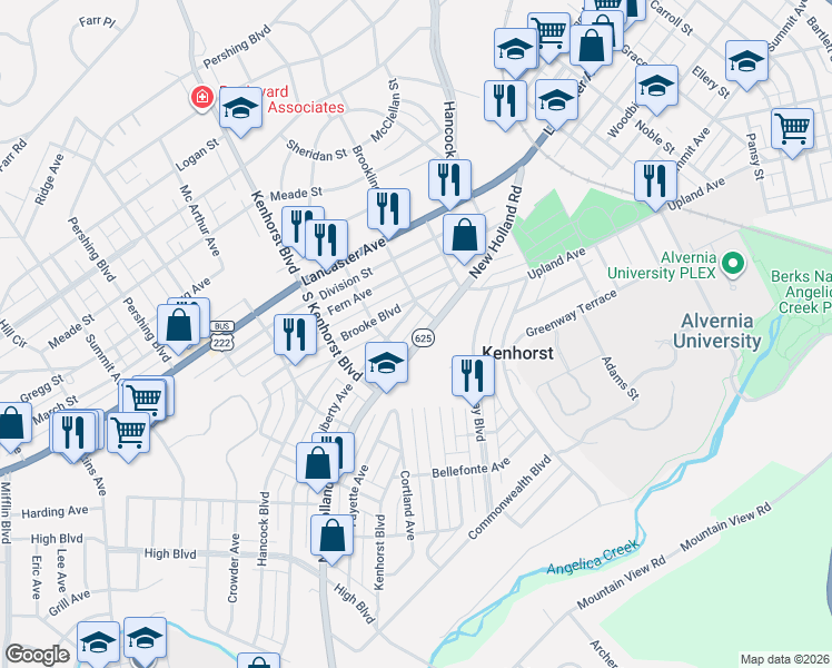 map of restaurants, bars, coffee shops, grocery stores, and more near 1133 New Holland Road in Reading
