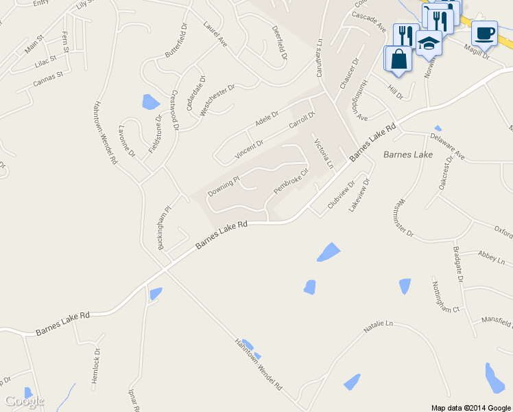 map of restaurants, bars, coffee shops, grocery stores, and more near 9530 Downing Place in Irwin