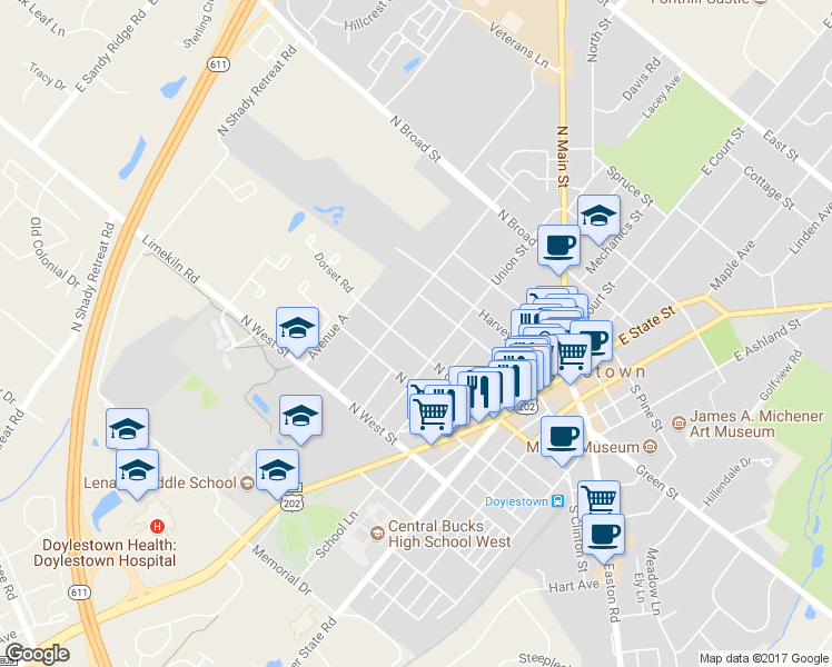 map of restaurants, bars, coffee shops, grocery stores, and more near 161 North Clinton Street in Doylestown