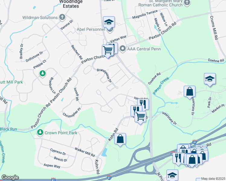 map of restaurants, bars, coffee shops, grocery stores, and more near 2271 Highland Circle in Harrisburg