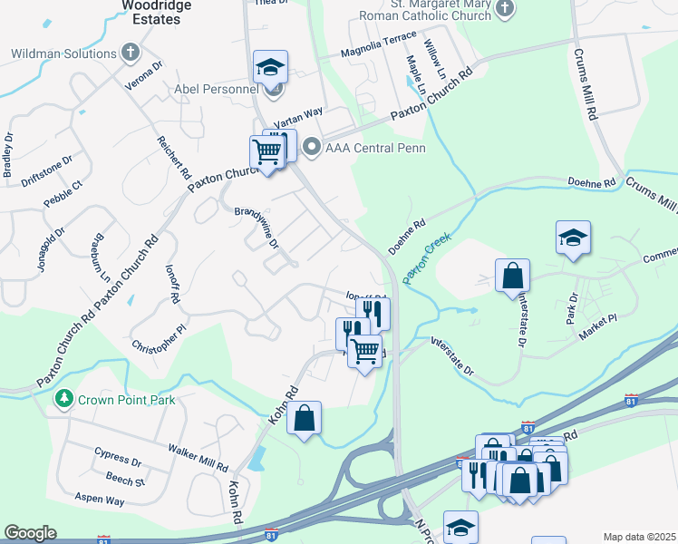 map of restaurants, bars, coffee shops, grocery stores, and more near 2709 Gateway Court in Harrisburg