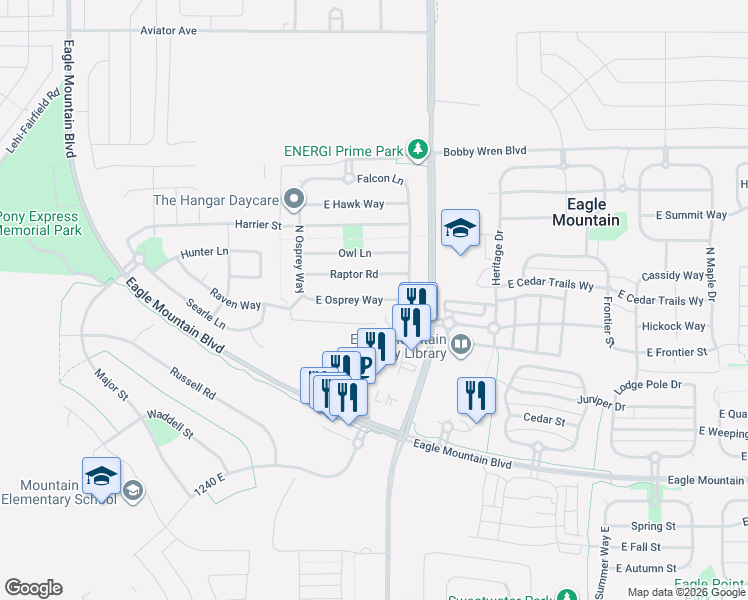 map of restaurants, bars, coffee shops, grocery stores, and more near 1482 Osprey Way in Eagle Mountain