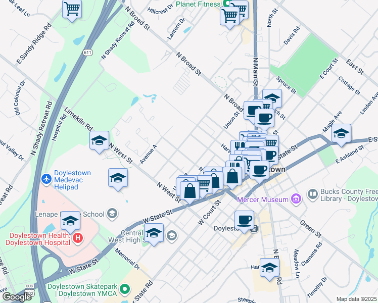 map of restaurants, bars, coffee shops, grocery stores, and more near 161 North Clinton Street in Doylestown