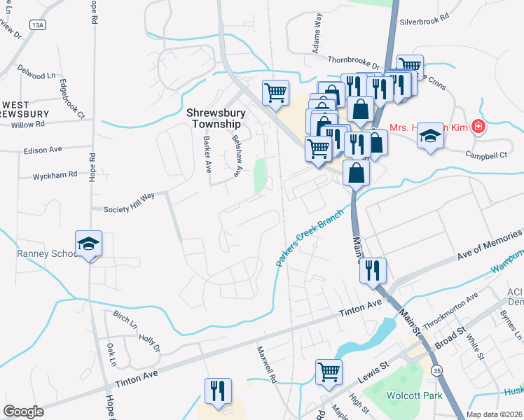 map of restaurants, bars, coffee shops, grocery stores, and more near 29 Churchhill Downs Drive in Tinton Falls