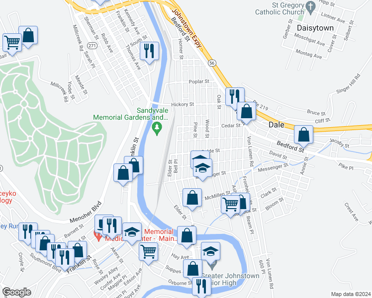 map of restaurants, bars, coffee shops, grocery stores, and more near 101-149 Golde St in Johnstown