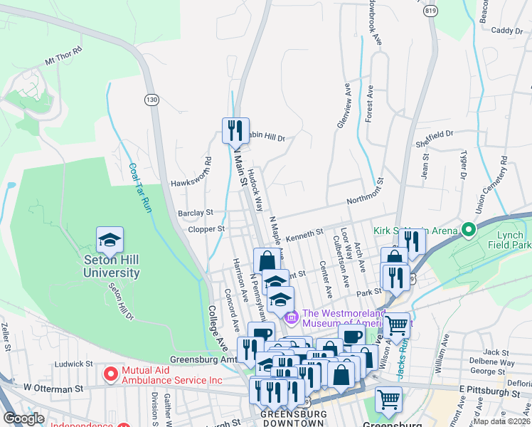 map of restaurants, bars, coffee shops, grocery stores, and more near 528 North Maple Avenue in Greensburg