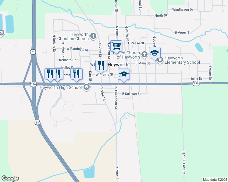 map of restaurants, bars, coffee shops, grocery stores, and more near 102 West Sullivan Street in Heyworth