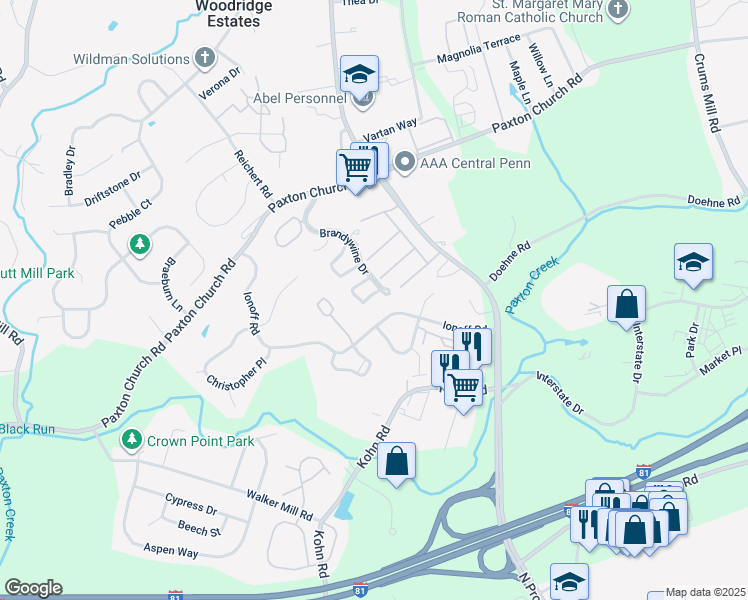 map of restaurants, bars, coffee shops, grocery stores, and more near 2271 Highland Circle in Harrisburg