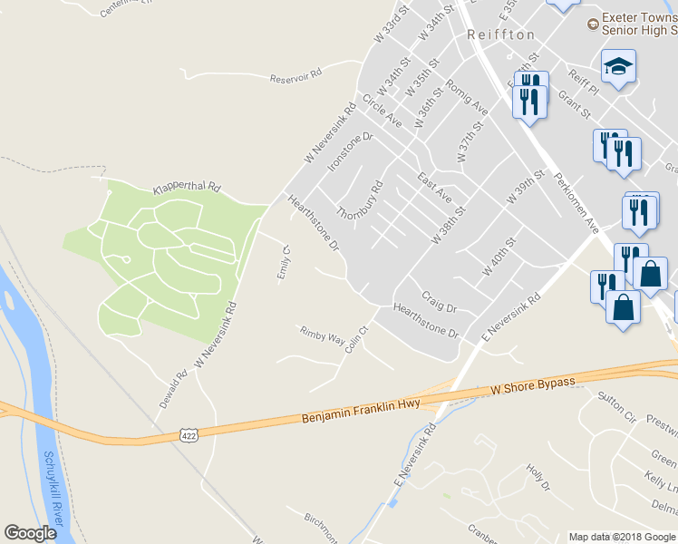 map of restaurants, bars, coffee shops, grocery stores, and more near 1 Clayborne Road in Reading