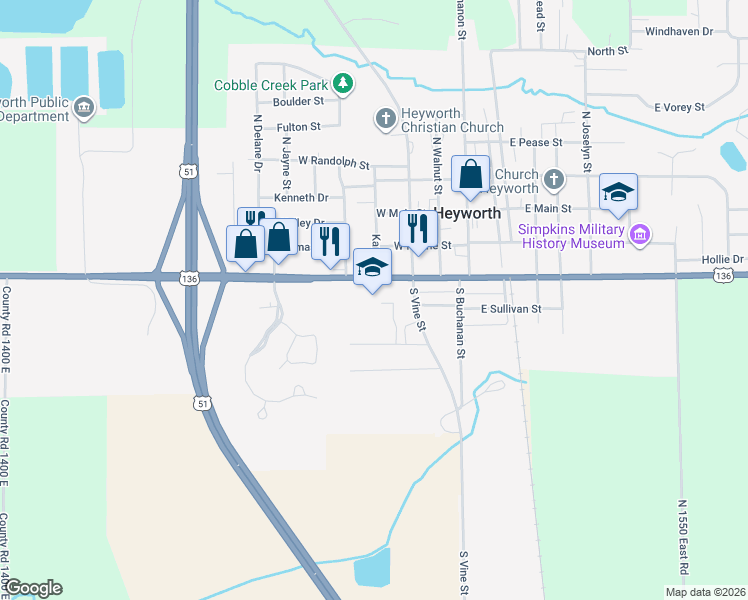 map of restaurants, bars, coffee shops, grocery stores, and more near 308 West Cleveland Street in Heyworth
