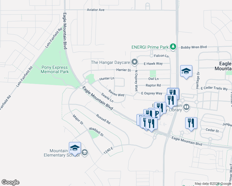 map of restaurants, bars, coffee shops, grocery stores, and more near 1161 Raven Way in Eagle Mountain