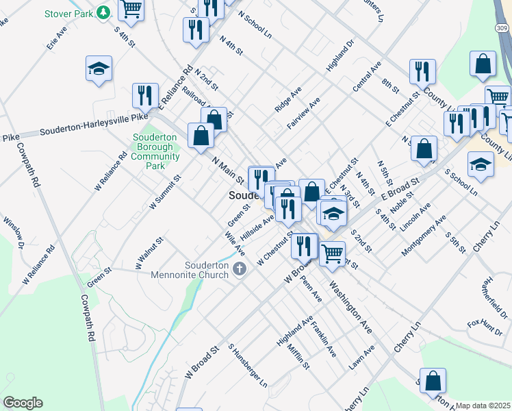 map of restaurants, bars, coffee shops, grocery stores, and more near 24 Green Street in Souderton