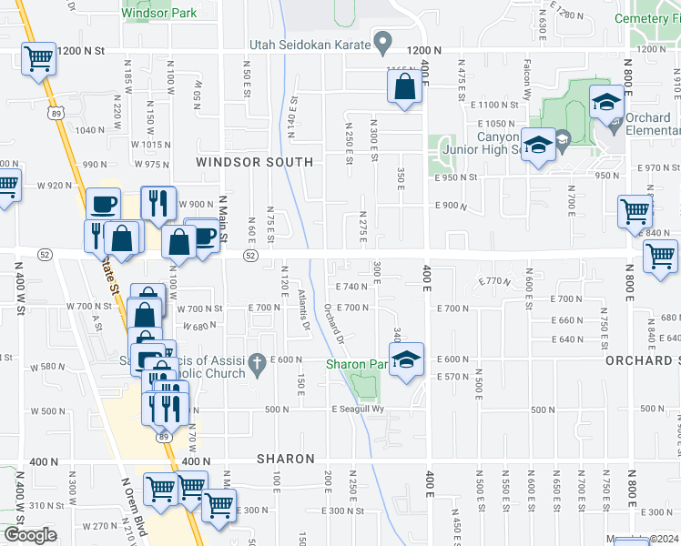 map of restaurants, bars, coffee shops, grocery stores, and more near 765 North 235 East Street in Orem