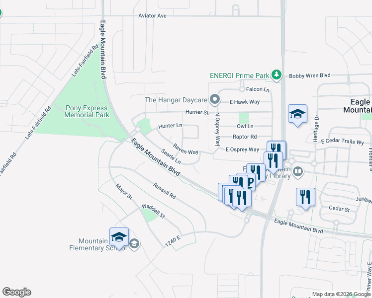 map of restaurants, bars, coffee shops, grocery stores, and more near 1161 Raven Way in Eagle Mountain