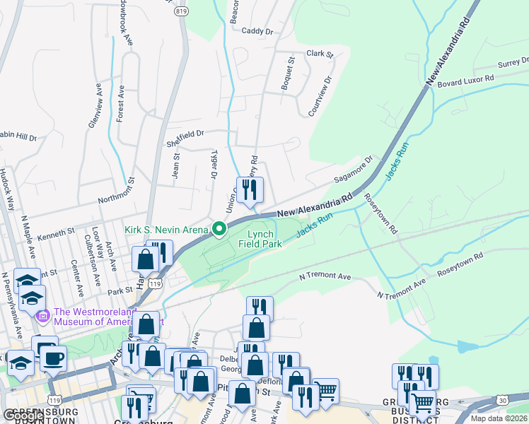 map of restaurants, bars, coffee shops, grocery stores, and more near 704 Sagamore Drive in Greensburg