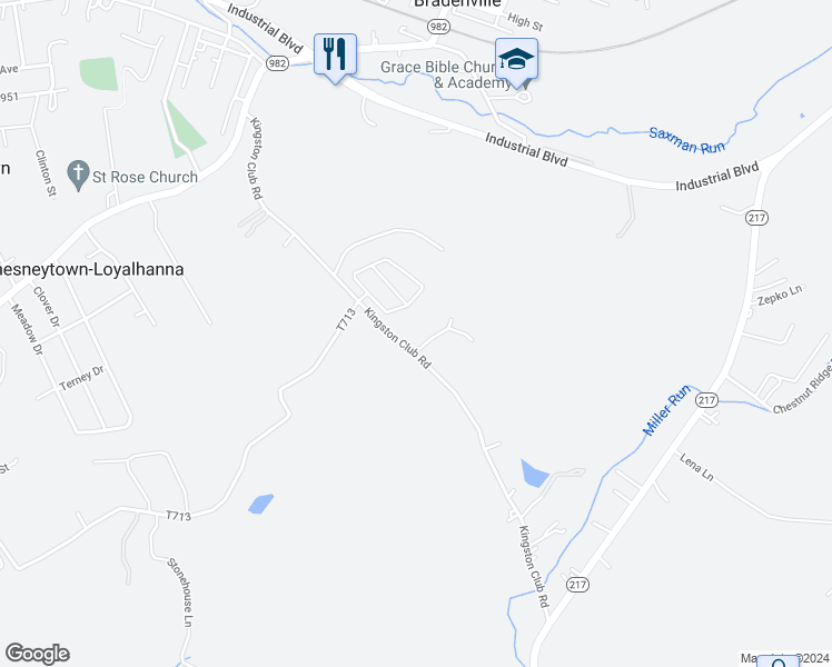 map of restaurants, bars, coffee shops, grocery stores, and more near 232 Kingston Club Road in Latrobe