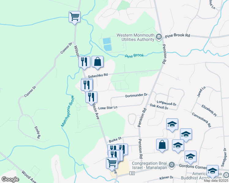 map of restaurants, bars, coffee shops, grocery stores, and more near 20 Primrose Court in Manalapan Township