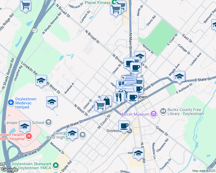 map of restaurants, bars, coffee shops, grocery stores, and more near 115 North Hamilton Street in Doylestown