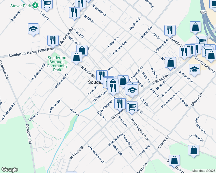 map of restaurants, bars, coffee shops, grocery stores, and more near 142 North Main Street in Souderton