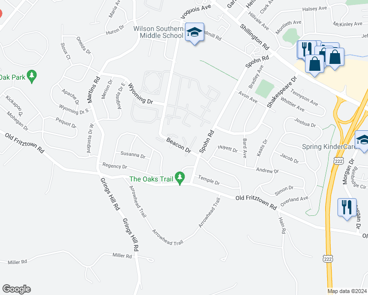 map of restaurants, bars, coffee shops, grocery stores, and more near 2804 Hampton Lane in Reading