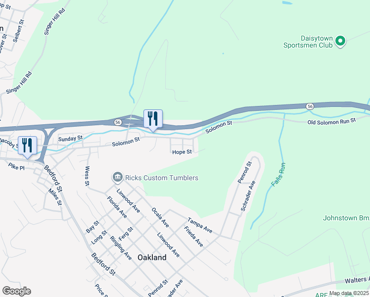 map of restaurants, bars, coffee shops, grocery stores, and more near 1347 Hope Street in Johnstown