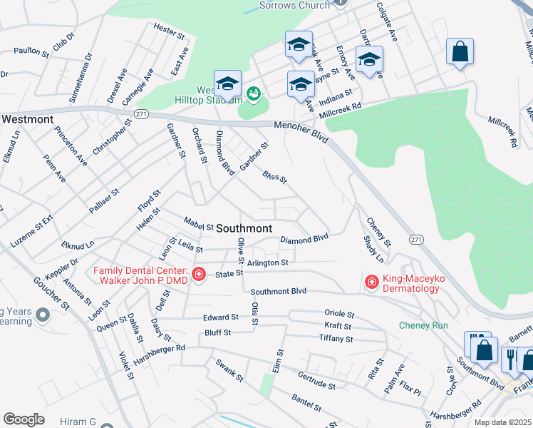map of restaurants, bars, coffee shops, grocery stores, and more near 304 Orchard Street in Johnstown