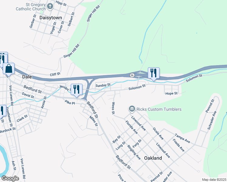 map of restaurants, bars, coffee shops, grocery stores, and more near 1148 Solomon Street in Johnstown