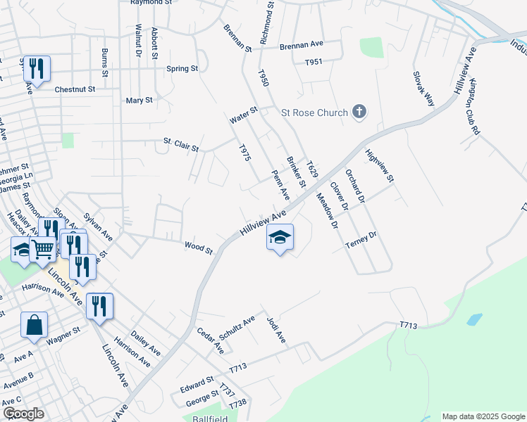 map of restaurants, bars, coffee shops, grocery stores, and more near 5 15th Street in Latrobe