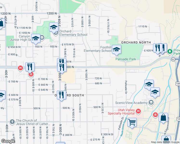 map of restaurants, bars, coffee shops, grocery stores, and more near 749 North 1000 West in Orem