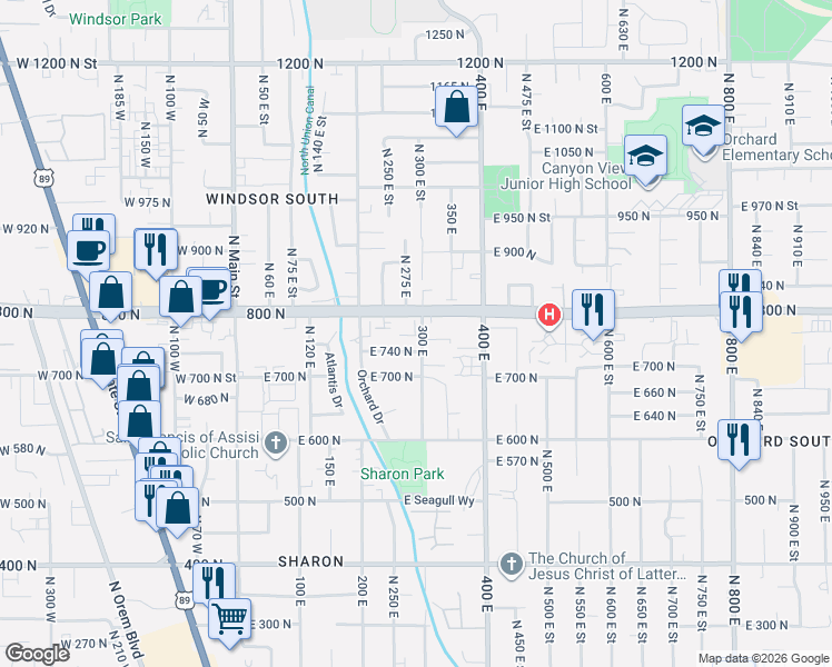 map of restaurants, bars, coffee shops, grocery stores, and more near 273 East 760 North in Orem