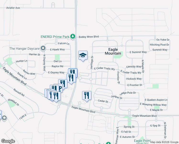 map of restaurants, bars, coffee shops, grocery stores, and more near 4384 Stone Creek Way in Eagle Mountain